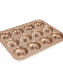Null CHEFMADE | 12er Donutform | 3 Motive | 325x258x22mm | Champagnergold | Antihaft- & Silikonbeschichtet | Donutblech | Donutbackform | Motivbackform